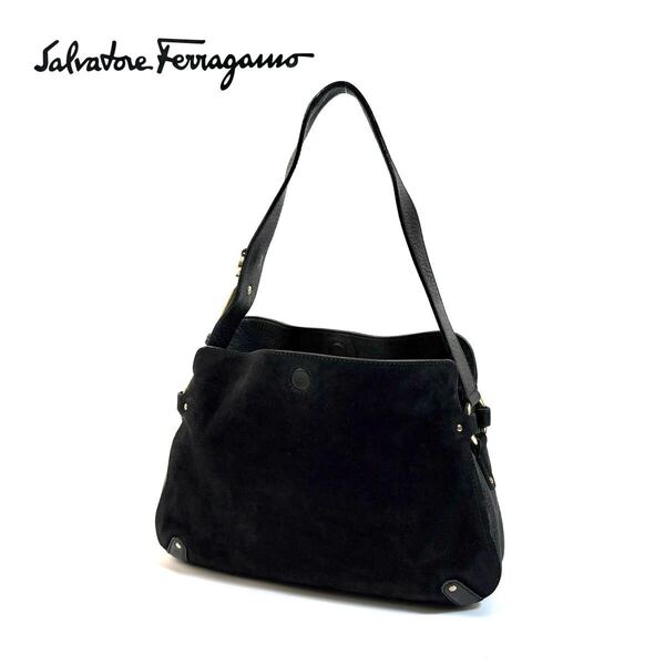 【美品】Salvatore Ferragamo フェラガモ ガンチーニ スエード レザー ハンドバッグ 肩掛け トートバッグ シボ革 ブラック イタリア製