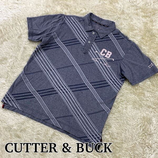 【CUTTER&BUCK カッターアンドバック】 半袖 ポロシャツ メンズ ゴルフウェア Mサイズ グレー ホワイト 格子柄 総柄 ロゴ刺繍 鹿の子