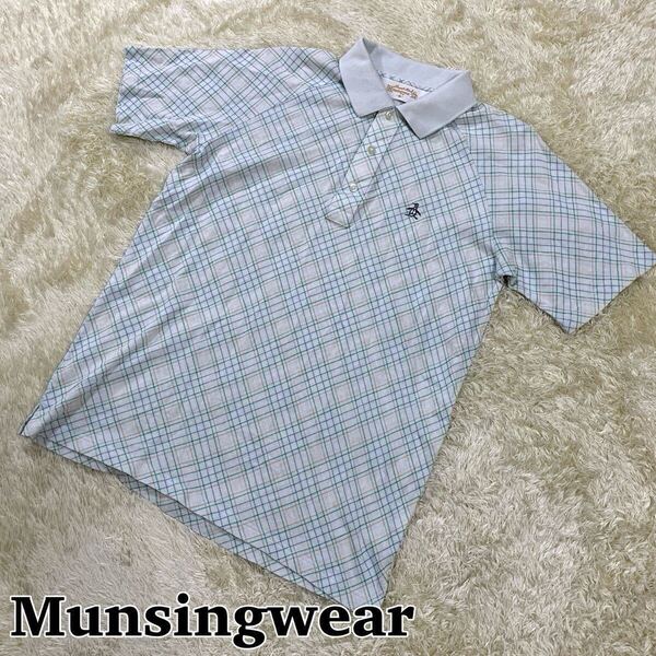 【マンシングウェア Munsingwear】チェック柄 半袖ポロシャツ Lサイズ デサント ゴルフウェア メンズ グリーン ブルー GOLF 日本製 ロゴ