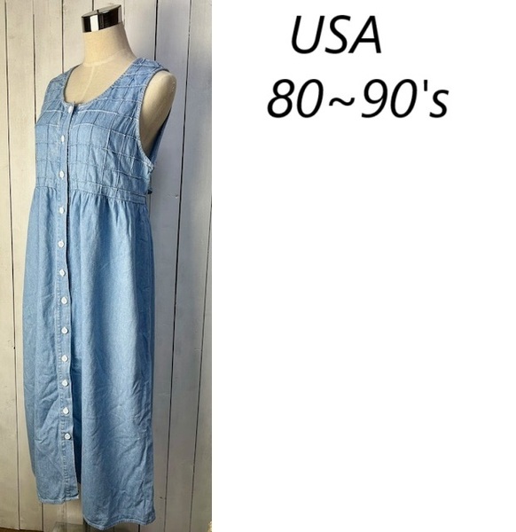 USA古着 80s~90s USA製 パッチワークデニムロングワンピース 12 ノースリーブ オールド ヴィンテージ アメリカ ジャンパースカート ★282