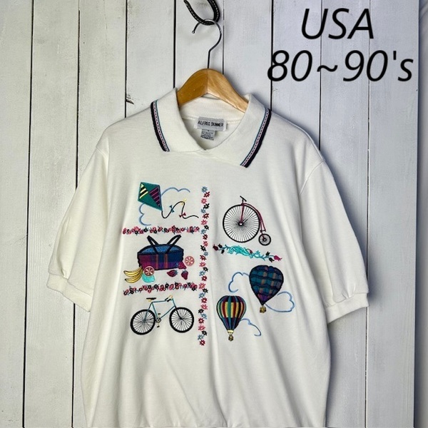 USA古着 80s~90s レトロ刺繍柄 薄手 襟付き半袖スウェットカットソー M~L程 白 オールド ヴィンテージ アメリカ ライトオンス 春夏 ●261