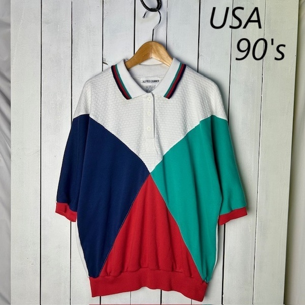 USA古着 90s パネル切り替え 襟付き半袖スウェット型カットソー M~L オールド ヴィンテージ アメリカ レトロ 半袖 薄手 ライトオンス●262