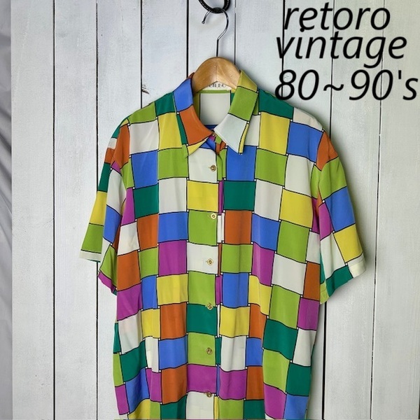sh●914 レトロ古着 80s~90s 薄手 カラフル総柄シフォンブラウス シャツ M~L オールド ヴィンテージ 春夏 半袖 モンドリアン柄 日本製