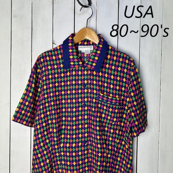 sh●920 USA古着 80s~90s 短丈 ダイア柄レーヨンシャツ ブラウス 10 オールド ヴィンテージ ロカビリー 半袖 春夏 M~L 薄手