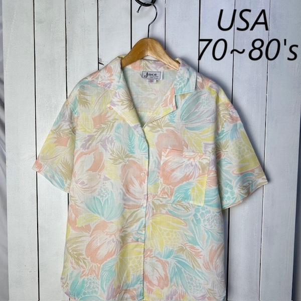 sh●923 USA古着 70s~80s USA製 薄手 ペイルトーン花柄開襟シャツ ブラウス M~L オールド ヴィンテージ アメリカ 半袖 春夏 ユニチケ