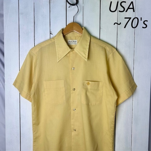 sh●939 USA古着 ~70s USA製 Royal Knight 薄手 ポリコットンシャツ M 薄黄色 オールド ヴィンテージ アメリカ古着 レトロ 半袖 春夏