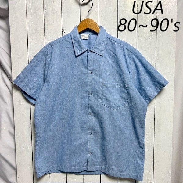 sh●944 USA古着 80s~90s ボックスシャンブレーシャツ L~XL 薄青 オールド ヴィンテージ アメリカ古着 半袖 薄手 春夏 ポリコットン