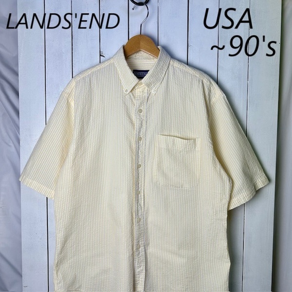 sh●945 USA古着 ~90s LANDS'END シアサッカー ストライプBDシャツ L~XL 薄黄色 オールド ヴィンテージ アメリカ古着 半袖 ランズエンド