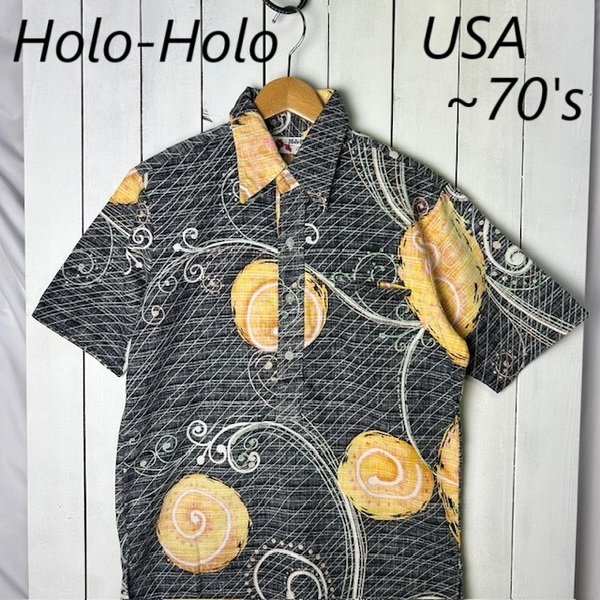sh●950 USA古着 60s70s ハワイ製 Holo-Holo 中表 プルオーバーアロハシャツ M程度 黒 ヴィンテージ オールド アメリカ古着 USA製