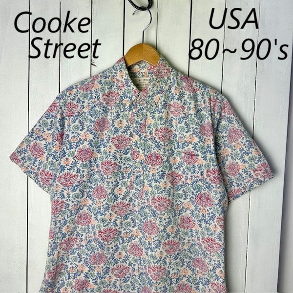 sh●956 USA古着 80s~90s USA製 Cooke Street×LIBERTY HOUSE プルオーバーBDアロハシャツ M~L ヴィンテージ オールド アメリカ コットン