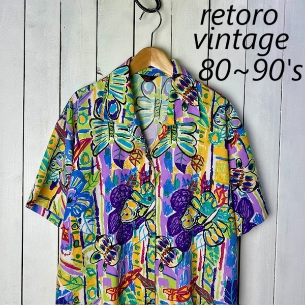 sh●964 レトロ古着 80s~90s 薄手 落書き風カラフル総柄開襟ブラウス シャツ L~XL オールド ヴィンテージ 春夏 半袖 日本製 ポリシャツ