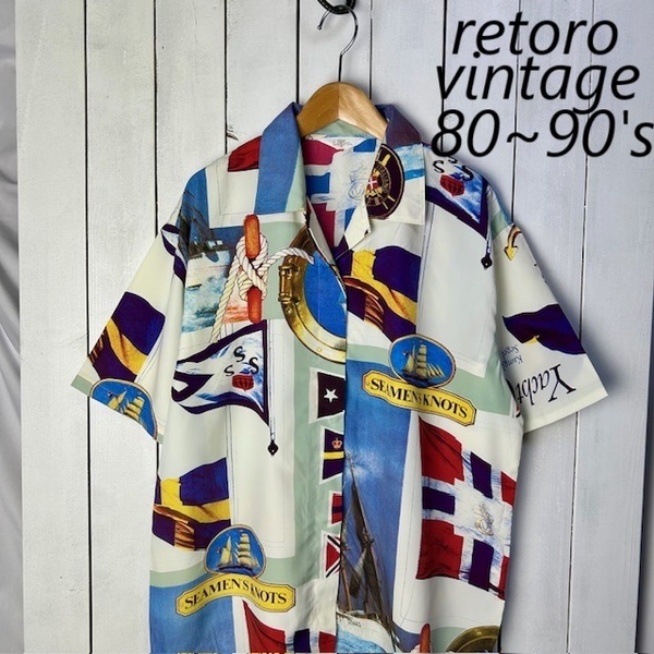 sh●965 レトロ古着 80s~90s 薄手 北欧国旗・帆船 転写比翼開襟ブラウス シャツ L~XL オールド ヴィンテージ 春夏 半袖 ポリシャツ