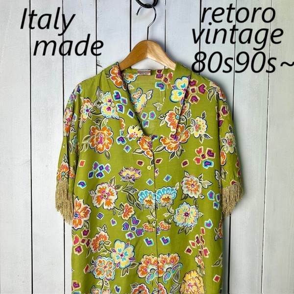 sh●966 80s90s~ イタリア製 maison tricot フリンジ袖レーヨンシャツ ブラウス M 鶯色 オールド ヴィンテージ 春夏 半袖 総柄