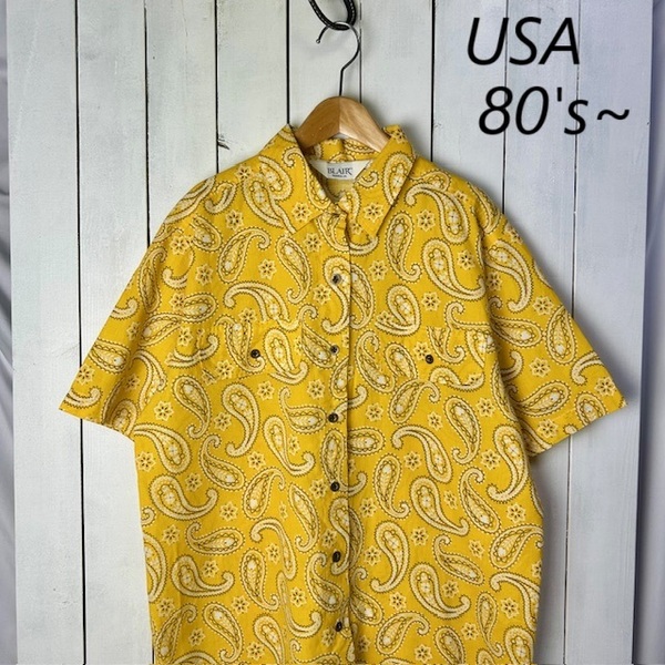 sh●968 USA古着 80s~90s BLAIR 薄手 バンダナ柄シャツ L~XL程度 黄色 オールド ヴィンテージ アメリカ古着 半袖 春夏 ポリコットン