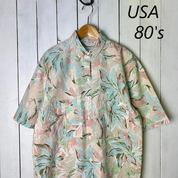 sh●971 USA古着 80s~ USA製 ペイルトーン迷彩柄コットンシャツ ブラウス M~L ベージュ オールド ヴィンテージ アメリカ 半袖 春夏 XL