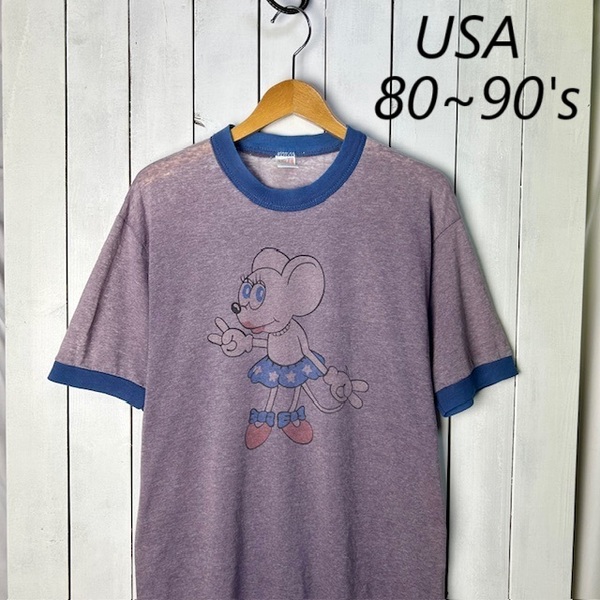 T●420 USA古着 80s~90s USA製 染み込みリンガーTシャツ L SOFFE グレー オールド ヴィンテージ アメリカ 50/50 ソフィー キャラ フェード