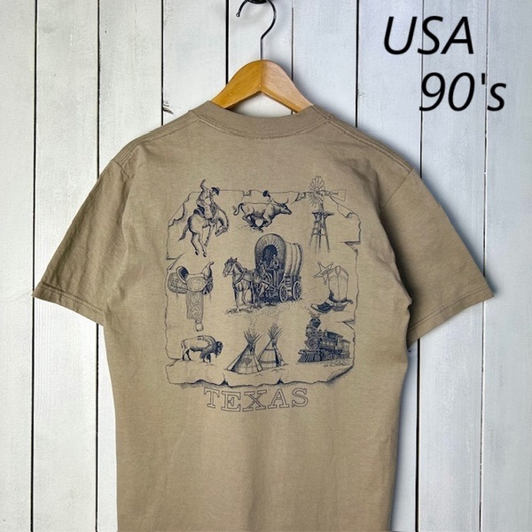 T●422 USA古着 90s USA製 両面プリント ウエスタンTシャツ S カーキベージュ JERZEES オールド ヴィンテージ アメリカ古着 ジャージーズ
