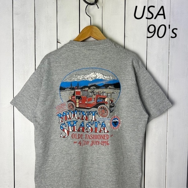 T●423 USA古着 90s USA製 両面プリント クラシックカーTシャツ M グレー オールド ヴィンテージ アメリカ MOUNT SHASTA シングルステッチ