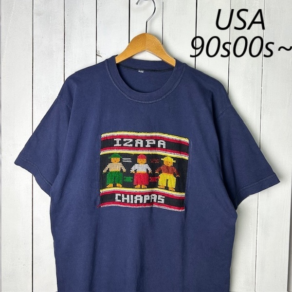 T●424 USA古着 90s~ ざっくりラグ生地切替えTシャツ L~XL 紺 オールド ヴィンテージ アメリカ古着 刺繍 エスニック
