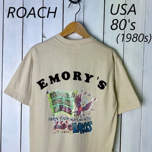 T●428 USA製 ~80s 1980年 ROACH バックプリントTシャツ M ベージュ sportswear オールド ヴィンテージ アメリカ シングルステッチ ローチ