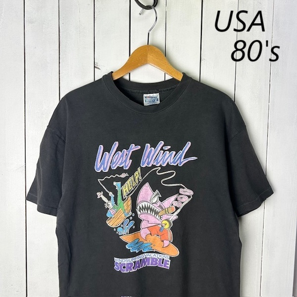 T●430 USA古着 80s USA製 ファニープリントTシャツ L フェード黒 コットン オールド ヴィンテージ Hanes シングルステッチ サメ ジョーズ