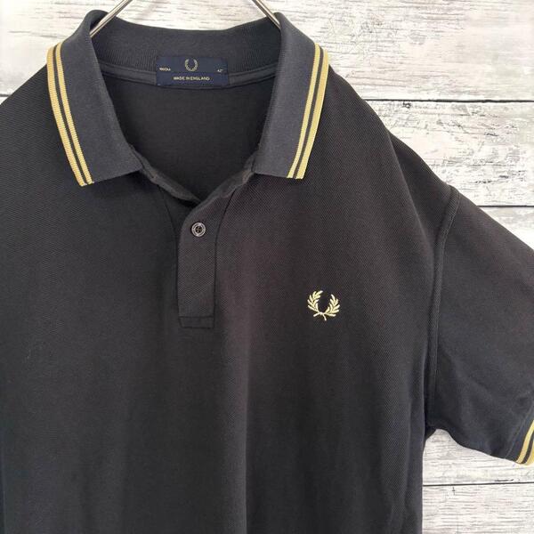 フレッドペリーFRED PERRY ポロシャツ 半袖 ブラック/ゴールド 42 イングランド製 英国製 黒