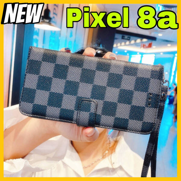 新入荷 Google Pixel8aケース 手帳型カード 収納カバー 黒ブラック お洒落 市松模様 格子柄 定期入れ チェック柄 高級レザー