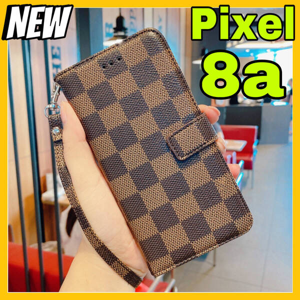 新入荷 Google Pixel8aケース 手帳型 収納カバー 茶ブラウン お洒落 市松模様 格子柄 定期入れ チェック柄 高級レザー
