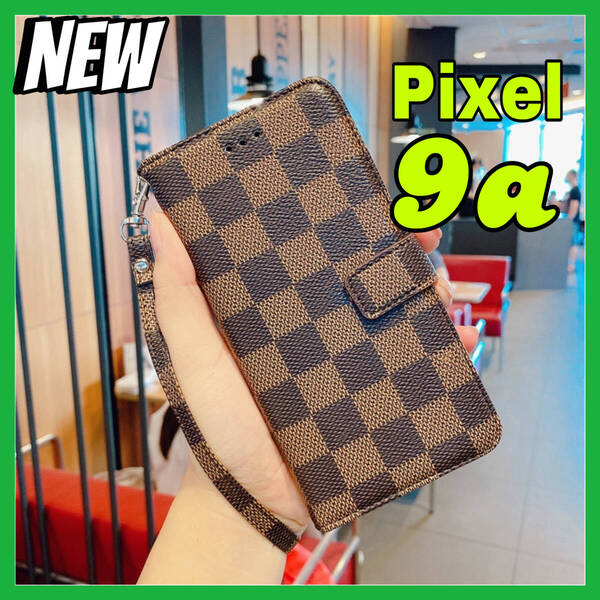 新入荷 Google Pixel9aケース 手帳型カード 収納カバー 茶ブラウン お洒落 市松模様 格子柄 定期入れ チェック柄 高級レザー