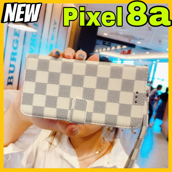 新入荷 Google Pixel8Aケース 手帳型カード 収納カバー 白ホワイト お洒落 市松模様 格子柄 定期入れ チェック柄 高級レザー