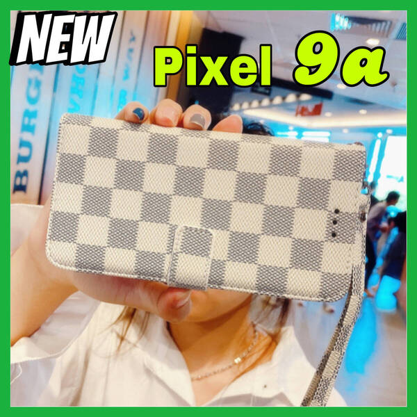 新入荷 Google Pixel9aケース 手帳型カード 収納カバー 白ホワイト お洒落 市松模様 格子柄 定期入れ チェック柄 高級レザー
