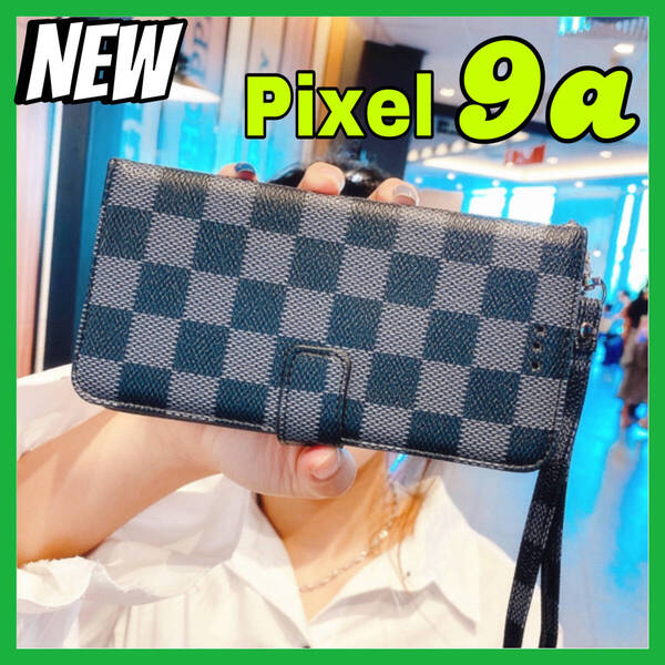 新入荷 Google Pixel9aケース 手帳型 収納カバー 黒ブラック お洒落 市松模様 格子柄 定期入れ チェック柄 高級レザー