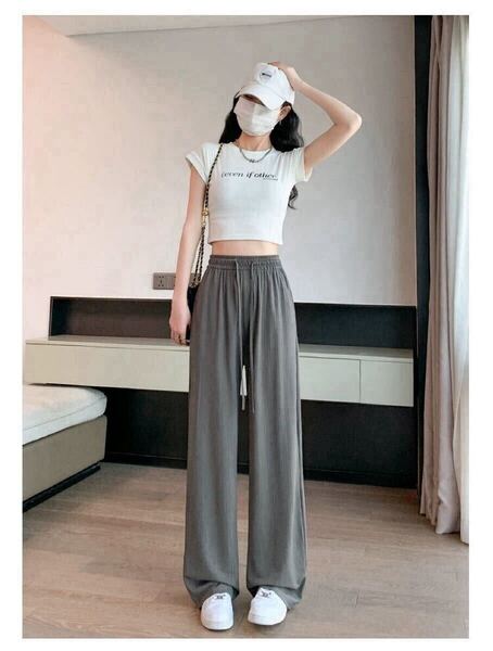 ワイドパンツ ストレートパンツ ハイウエスト アイスシルク ロングパンツ 脚長 ズボン 春 夏 秋 ダンス 接触冷感