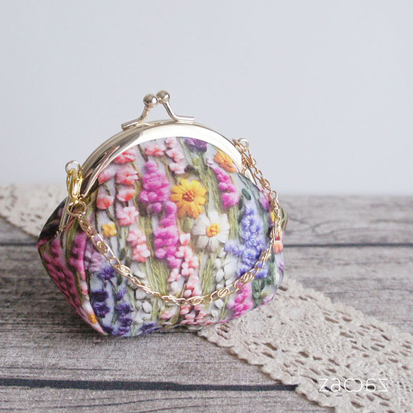 バッグチェーンがま口*立体刺繍風*ピンクラベンダー*ハンドメイド