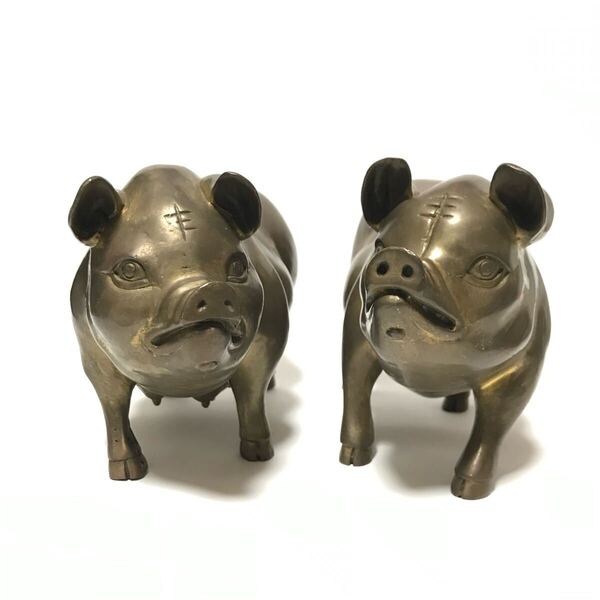 真鍮製 豚 オス メス 置物 / 総重量約3kg / 金属製 ブタ ぶた オブジェ / アンティーク 中国 開運 縁起物 風水 魔除け / 雄 雌 夫婦