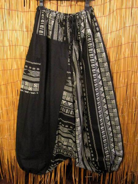 【SALE】②新品*男女兼用*コットン素材*黒色+和風プリント*切り替え*ふんわり*サルエルパンツ