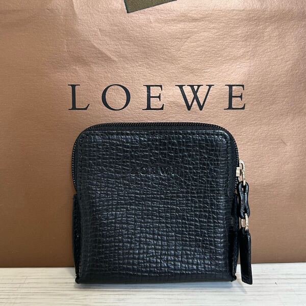 極美品 スペイン製 LOEWE ロエベ レディース メンズ コインケース 小銭入れ 黒色 ブラック 本革 レザー ファスナー 総柄 ロゴ ブランド