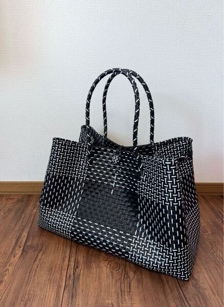 【特注】 ジャンボSize! 特大 プラカゴ メルカド トートバッグ 大容量 ハンドメイド 軽量 かごバッグ パサール ブラック×ホワイト