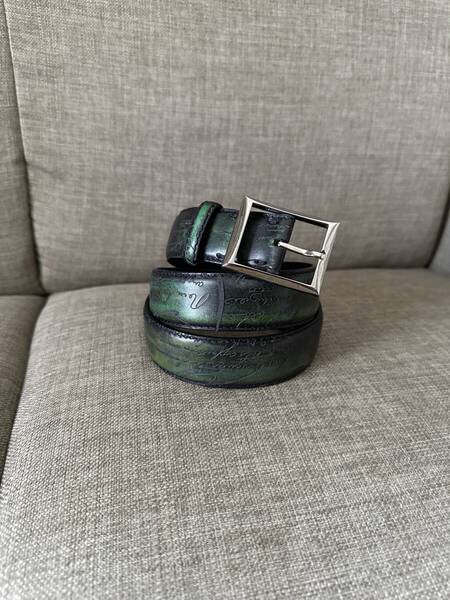 限定11,5万 Berluti Classic Scrit Leather Belt ベルルッティ クラシック スクリットレザー ベルト グリーン マダムオルガ期 初期型 名作