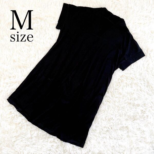 レディース/トップス/Tシャツ/カットソー/半袖/フレンチスリーブ/黒/無地/Vネック/チュニック/ワンピース/長め/体型カバー/新品/M