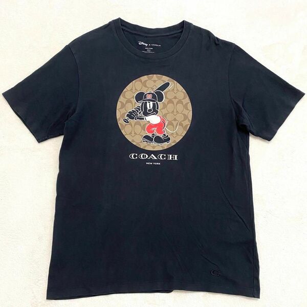 【大人気コラボ】COACH Disney コーチ ディズニー Tシャツ 半袖 M 黒 ミッキー シグネチャー柄 野球 メンズユニセックス カジュアル 春夏秋