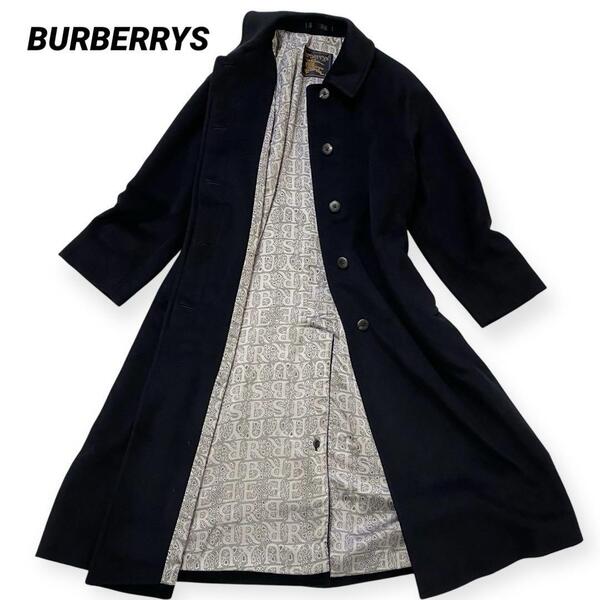 【極美品/希少な一点物/カシミア混】Burberrys バーバリーズ ロングコート ステンカラー7AR 黒 ブラック 総柄裏地 ヴィンテージ レディース