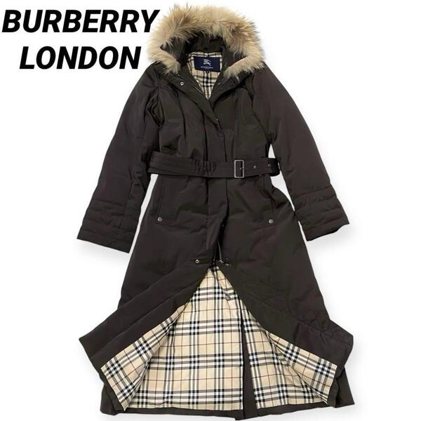 【極美品】BURBERRY LONDON バーバリーロンドン ダウンコート ロング丈 サイズ38(M) ノバチェック ダークブラウン ベルト・ファー付 秋冬