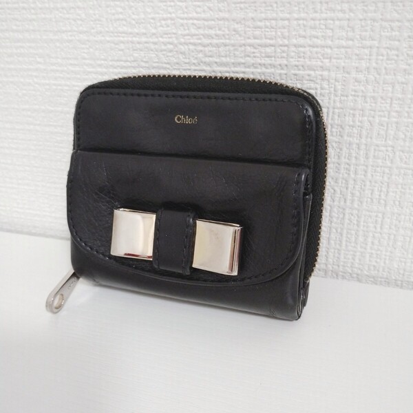 Chloe クロエ 二つ折り 財布 レザー ブラック リボン 小銭入れあり ウォレット レディース 黒 送料無料