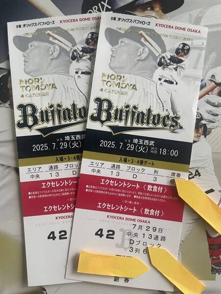 京セラ オリックスバファローズvs 埼玉西武 7月29日 試合開始18:00 エクセレントシート バックネット裏3列目60番台2枚セット