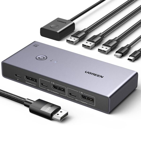 コ)UGREEN 8K@60Hz Displayport KVM切替器 2入力1出力 DP1.4 USB 3.0ポート×4 (USb-A×3 + USB-C×1) 8K@60HZ対応 4K@240H対応