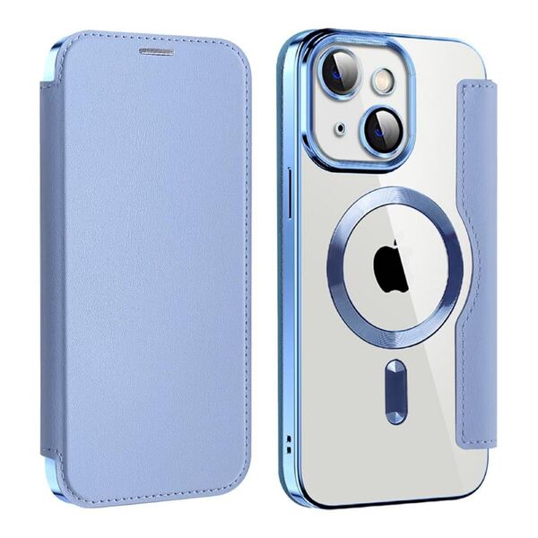 m)iPhone 15 用 ケース 手帳型 Magsafe対応 クリア 背面 透明 高級なPUレザー 永久磁石 マグネット スマホケース手帳カバー (ブルー)