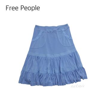 Free People フリーピープル . レーヨン ギャザー ポケット 綺麗色 ブルー スカート 裏地付き 送料無料