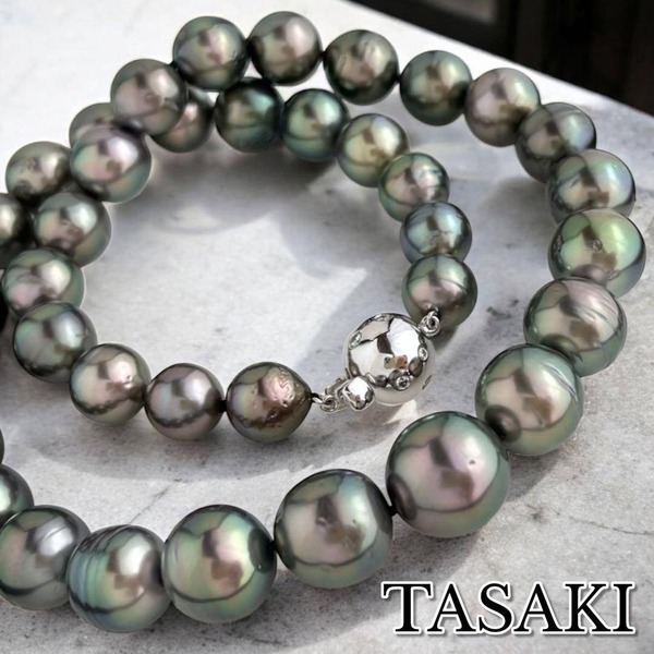 【レア品/美品】TASAKI タサキ 黒蝶真珠 パール ネックレス 直径9.8~13.6㎜ 重量83g ダイヤモンド 0.21ct WGK14/PT900 ピーコックグリーン