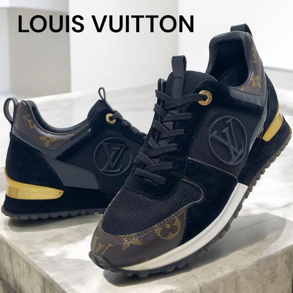 【現行品/美品】LOUIS VUITTON ルイヴィトン ランアウェイライン スニーカー 23.5㎝ モノグラム スウェード イタリア製 黒 茶 ゴールド金具
